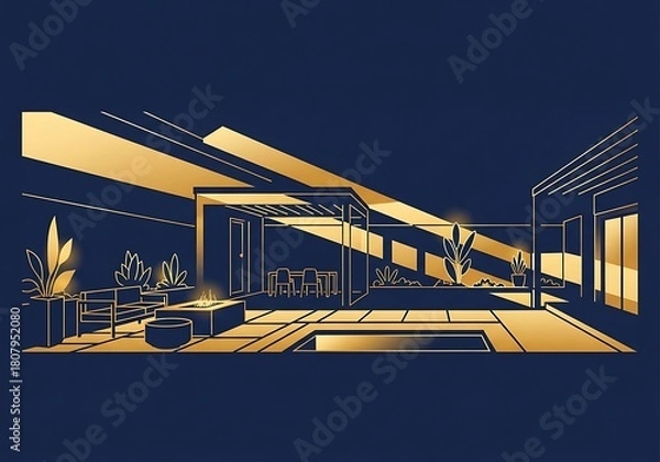 Fototapeta Golden architectural visualization of an elegant modern courtyard design
