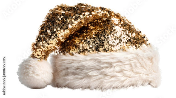 Obraz Golden sequin santa hat isolated on white background
