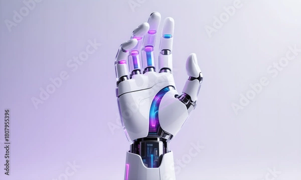 Obraz Futuristic white robotic hand reaching upwards with glowing neon lights on a clean gradient background.