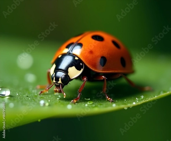 Obraz Macro Shot of Ladybug on Green Leaf with Water Droplets