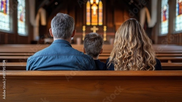 Fototapeta A family of three sits on a wooden bench in a church. The man is wearing a blue shirt and the woman has long hair. The child is sitting between them. The scene is peaceful and serene