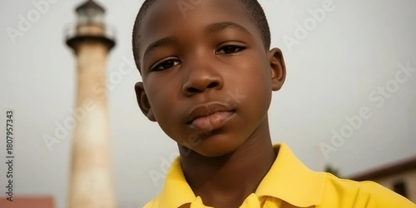 Obraz A young boy in a yellow shirt stands in front of a lighthouse. The boy's face is serious and he looks down at the camera