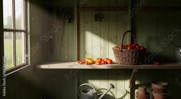 Fototapeta Rustic summer harvest with sun-drenched tomatoes in charming garden shed