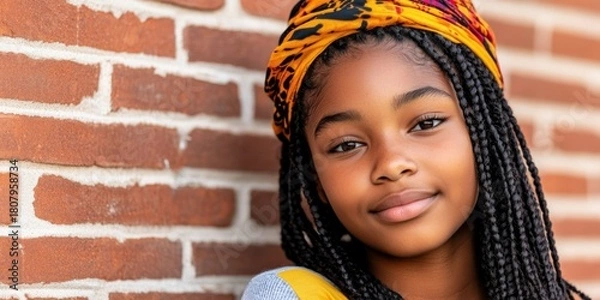 Fototapeta A young girl with dreadlocks is smiling at the camera. She is wearing a colorful scarf around her head