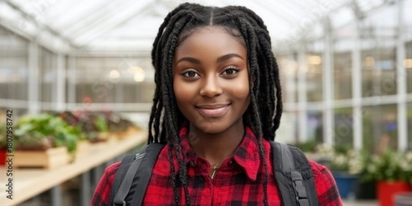 Obraz A young woman with dreadlocks is smiling at the camera. She is wearing a red plaid shirt and a black backpack. The scene takes place in a greenhouse, with several potted plants surrounding her