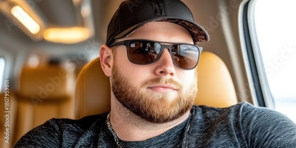 Fototapeta A man with a beard and sunglasses is sitting in a car. He is wearing a black hat and a black shirt