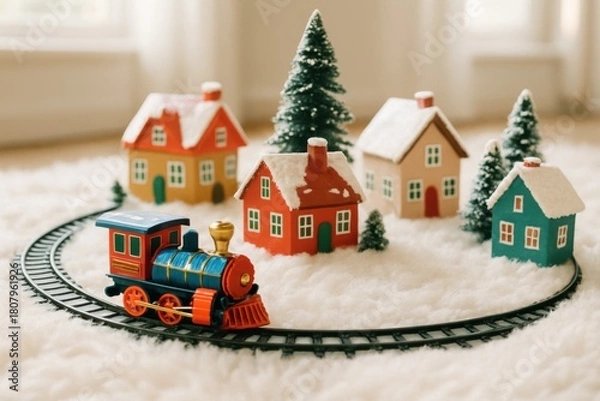Obraz Christmas village toy train set in snowy scene
