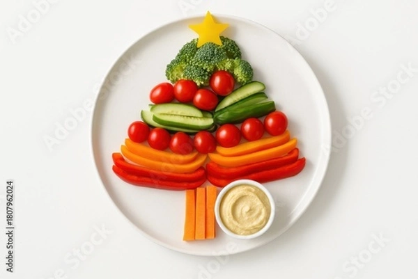 Fototapeta Bright assortment of fresh vegetables arranged as a Christmas tree and served with a small bowl of dip, creating a colorful holiday snack.
