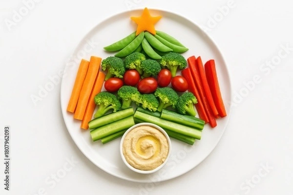 Fototapeta Christmas tree vegetable platter with hummus dip
