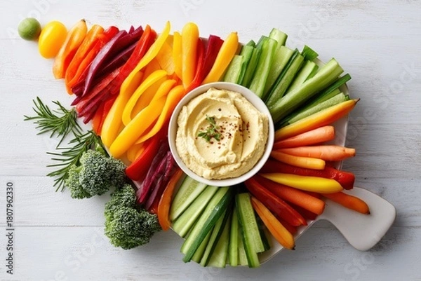 Fototapeta Festive Christmas tree–shaped arrangement of colorful fresh vegetables served with creamy hummus, creating a bright and healthy holiday snack.
