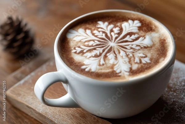 Fototapeta Close-up of a warm cup of coffee topped with intricate snowflake latte art, creating a cozy and festive winter holiday atmosphere.
