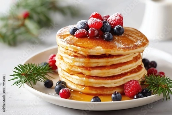 Fototapeta Tall stack of fluffy pancakes topped with fresh berries and powdered sugar, drizzled with maple syrup on a festive winter plate.
