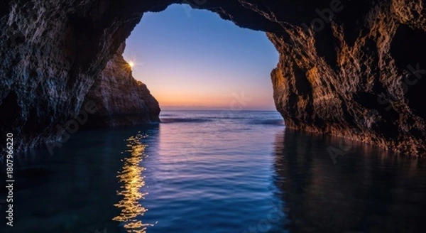 Obraz Sunrise through a coastal cave. Calm water reflects the soft light of dawn
