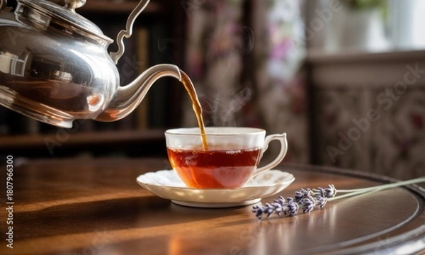 Fototapeta A vintage silver kettle pours steaming dark tea into a small, ornate porcelain cup. Sunlight highlights the warm wooden table. A sprig of lavender rests beside the cup