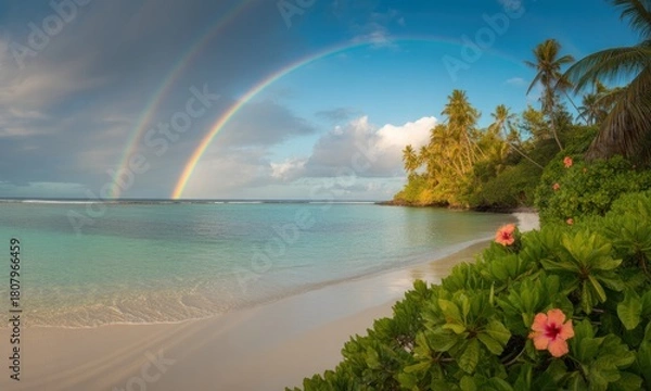 Fototapeta Tropical beach panorama with double rainbow