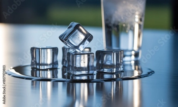 Fototapeta Clear ice cubes on a wet metallic surface, with a glass of water in the background