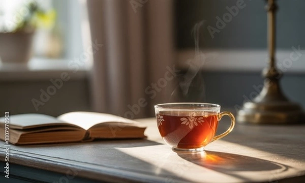 Fototapeta Warm tea, open book, and sunlight on a table