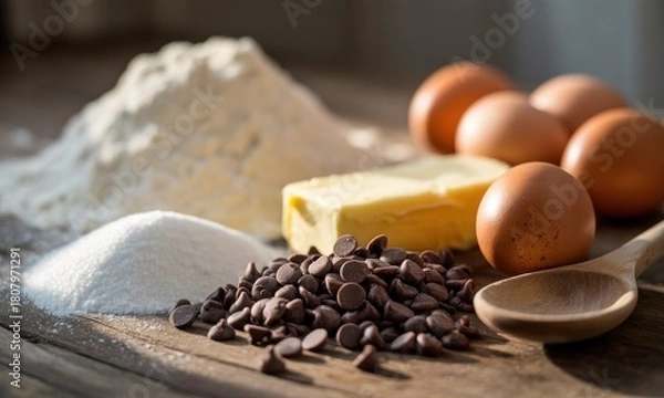 Fototapeta Baking ingredients on a rustic wooden table. Flour, sugar, butter, eggs, and chocolate chips are arranged.