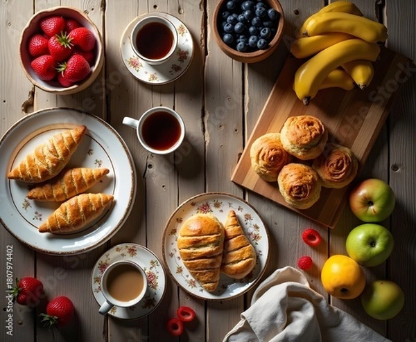 Fototapeta Rustic Breakfast Table Flat Lay with Pastries and Fresh Fruit
