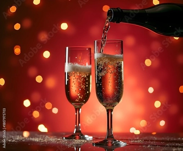 Fototapeta Macro Shot of Sparkling Wine Pouring into Crystal Glasses on a Festive Background