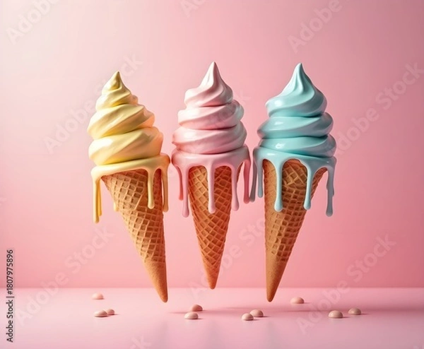 Fototapeta Professional Photo of Ice Cream Cones with Melting Drips, Vibrant Pastel Background