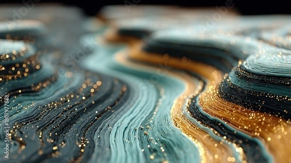 Fototapeta Abstract layered landscape with flowing lines and gold accents in shallow focus.