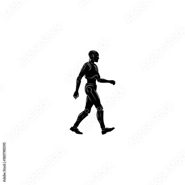 Fototapeta A black silhouette of a humanoid robot walking against a stark white background in a graphic style
