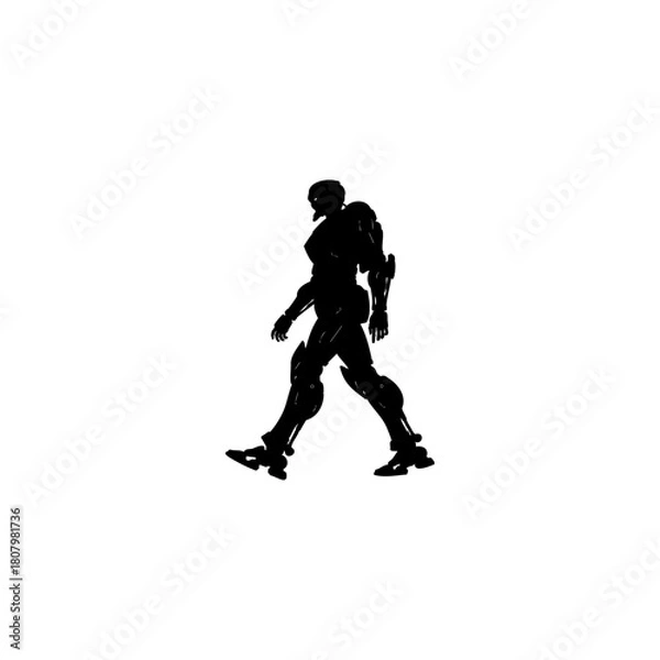 Obraz A silhouette of a futuristic armored figure walking against a stark white background in a simple design