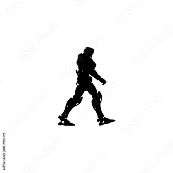 Fototapeta A silhouette of a futuristic soldier walking in armor against a plain white background illustration art