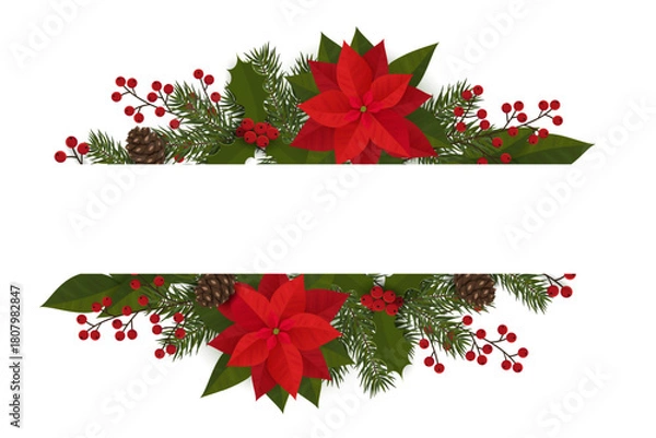 Obraz Festive frame with spruce branches, poinsettia, berries and leaves.
