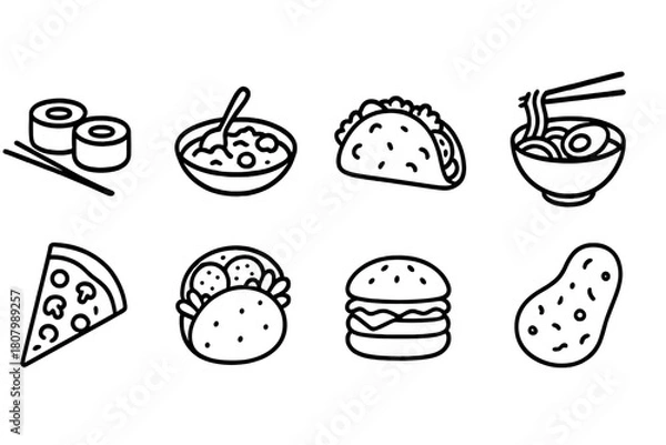 Fototapeta Food and meal outline icon set. Snacks, fast food, dining icons in outline style
