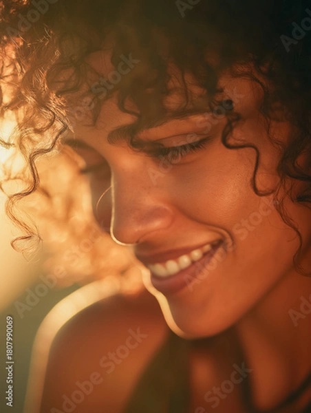 Obraz Joyful Woman with Curly Hair Smiling in Warm Golden Light