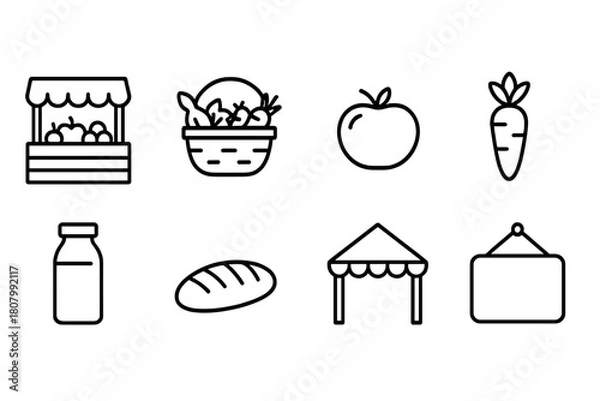 Fototapeta Agriculture and market line icon set: fresh produce, farming, grocery symbols