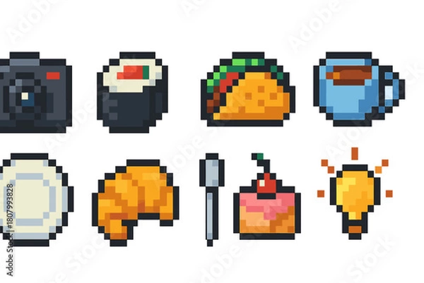 Obraz Pixel art food and camera icon set. Retro, nostalgic, 8-bit icons pixel collection