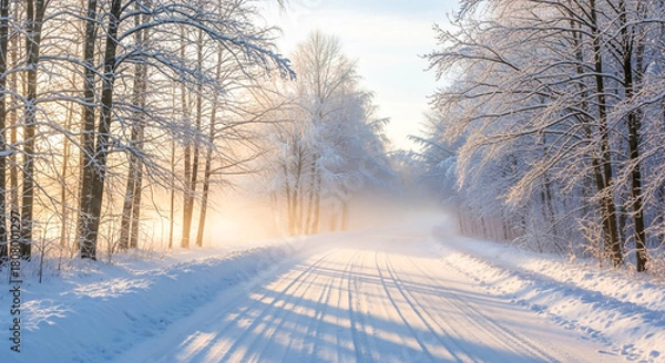 Fototapeta Winter road through a forest with trees covered in snow and frost on a sunny day , ai generated image