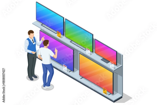 Obraz Isometric illustration of a shopper selecting a television in an electronics store, surrounded by various TV models on display shelves while a sales assistant provides guidance.