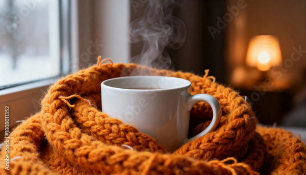 Obraz Steaming cup of coffee wrapped in an orange knitted scarf by a window on a cozy winter evening