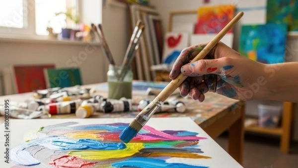 Fototapeta An artist's paint-covered hand applying blue paint to a canvas.