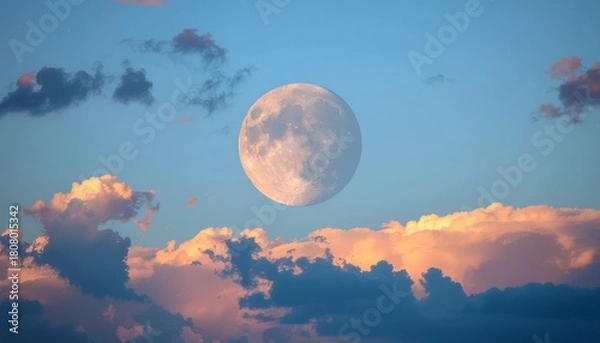 Obraz 薄雲に包まれた朧月が浮かぶ静かな夜空情景