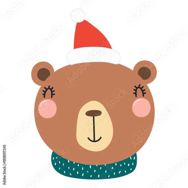 Fototapeta Bear in a Santa Claus hat isolated on transparent. Hand drawn flat vector illustration. Cute cartoon character. Traditional Christmas, New Year design element, clip art