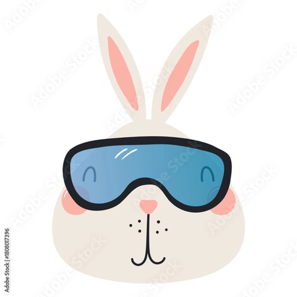 Fototapeta Rabbit in goggles isolated on transparent. Hand drawn flat vector illustration. Cute cartoon character. Traditional Christmas, New Year design element, clip art