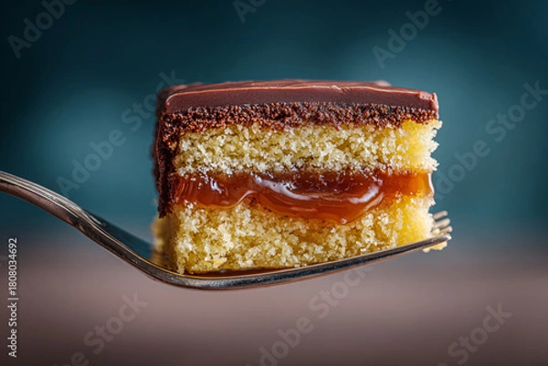 Fototapeta Slice of cake on a fork, perfect for dessert or a sweet treat.