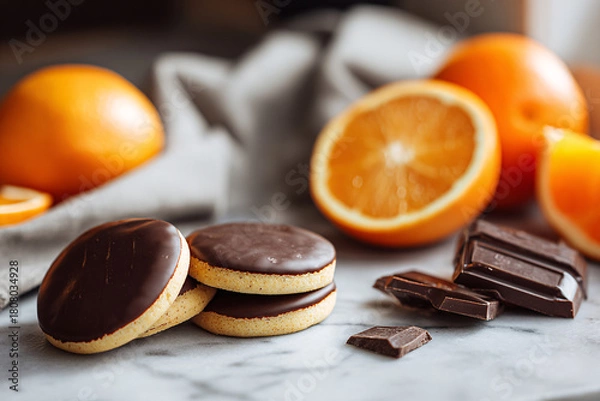 Obraz Chocolate-covered biscuits with fresh oranges and dark chocolate.