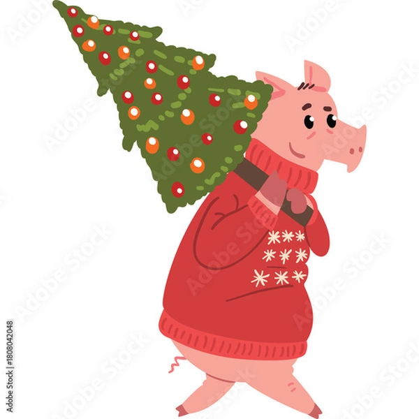 Fototapeta Pink Pig Wearing A Red Christmas Sweater Carries A Green Christmas Tree On Its Back Across A Transparent Background
