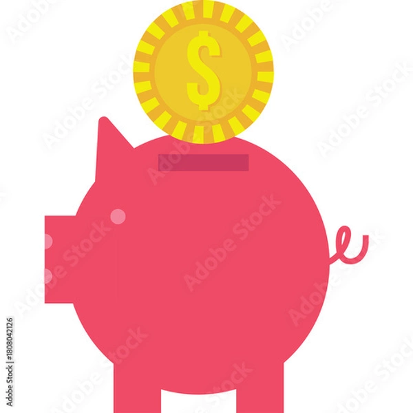 Fototapeta Pink Piggy Bank with Gold Coin and Dollar Sign Saving Money Concept on Transparent Background Flat Illustration