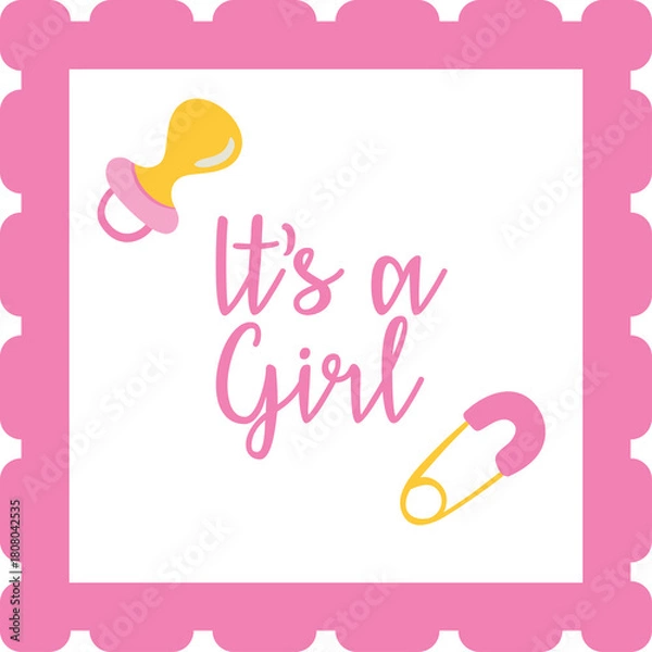 Fototapeta Pink Scalloped Frame Border with Yellow Pacifier and Safety Pin Announcing Its a Girl Celebration Event