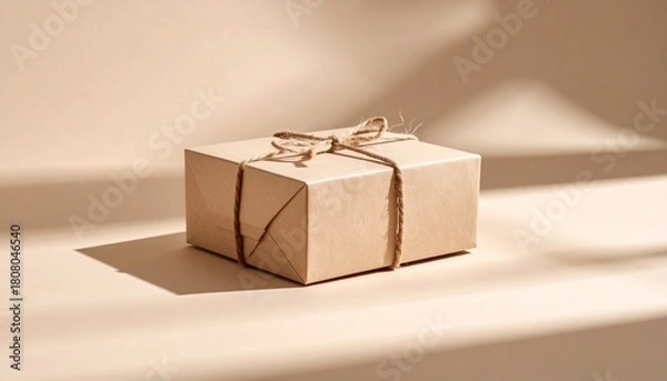 Fototapeta Minimalist Gift Box Wrapped with Natural Twine on Beige Background