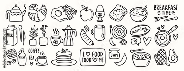 Fototapeta Breakfast doodle set of chalk style food and coffee icons for cafe menu, invitations, Italian brunch, cute croissant, cup, eggs, minimal vector