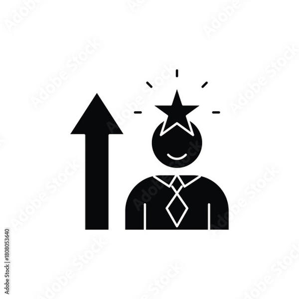 Fototapeta Black and white icon representing personal growth, career advancement, and professional development with a person and an upward arrow.