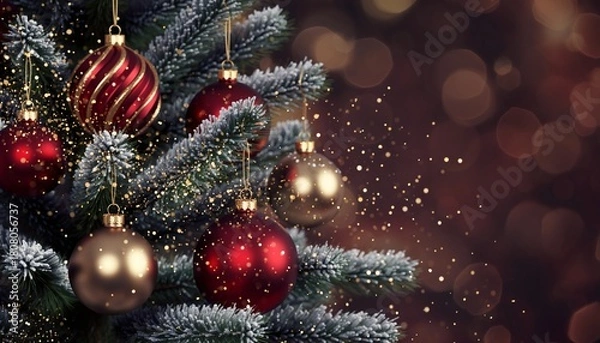 Fototapeta Sparkling Ruby Red and Golden Baubles Nestled Among Frosted Pine Branches with Magical Bokeh Lights